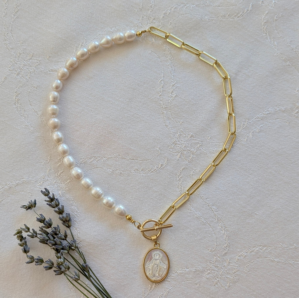 Our Lady of Grace - Pearl & Chain Necklace