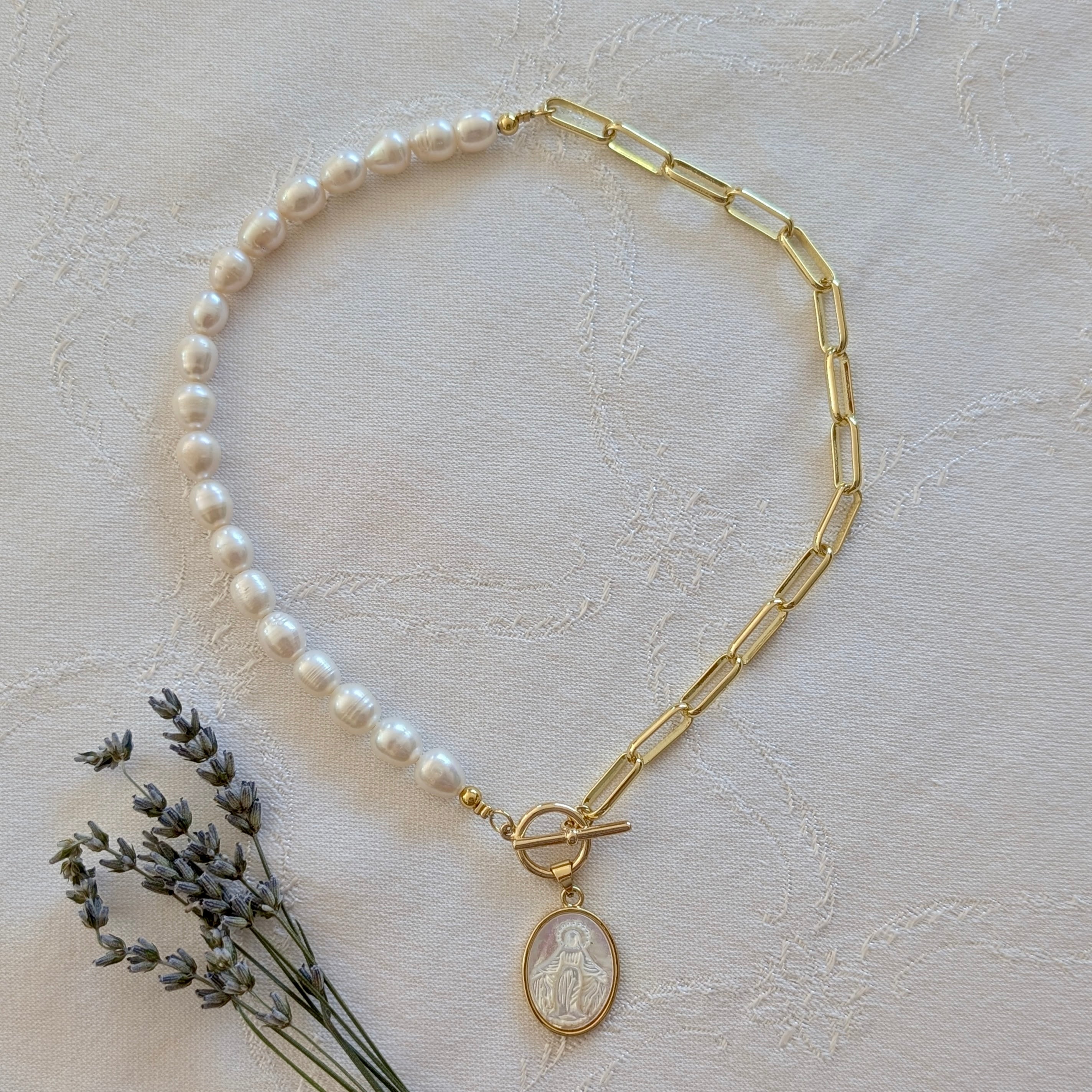Our Lady of Grace - Pearl & Chain Necklace