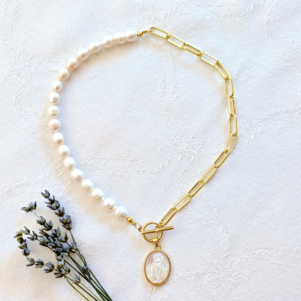 Our Lady of Grace - Pearl & Chain Necklace